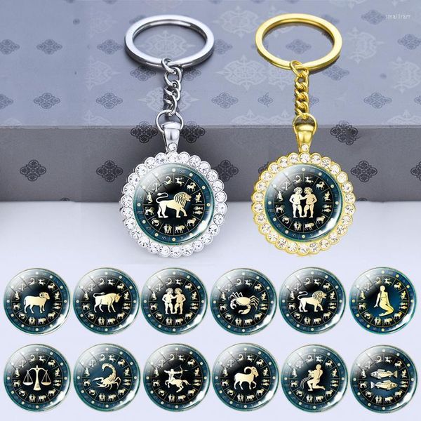 Llaveros Signo del zodiaco Joyería Baratija Brillante Rhinestone Colgante Llaveros Escorpio Leo Aries Constelación Llavero Regalo de cumpleaños para mujeres Sm