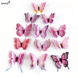 Keythemelife 12 stks / pak Dubbellaags Butterfly Muurstickers 3D Vlinders Kleurrijke Slaapkamer Decor voor Woondecoratie B51