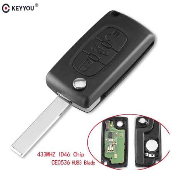 KEYYOU, 3 botones, carcasa de entrada sin llave para coche, llave remota plegable abatible de 433MHz con Chip ID46 HU83 Blade para Peugeot 207 307 308 407 607