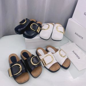 Khaite Thompson Golden Buckled lederen slijbanen slippers slippers slip-on strand sandalen leer open teen casual flats voor vrouwen luxe ontwerpers fabrieksschoenen maat 35-40