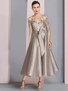 Kaki A-ligne Mère de la robe de mariée 2024 Robes de soirée d'invité de mariage élégant encolure dégagée longueur de thé satin dentelle demi-manche avec robe de soirée arc