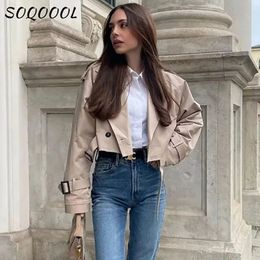 Kaki ceinture femmes veste automne 2023 mode décontracté Streetwear bouton lâche à manches longues hauts femme recadrée Trench manteau vêtements d'extérieur 240311