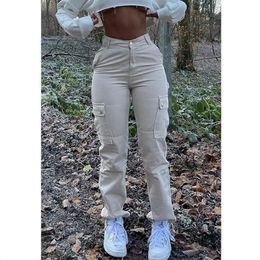 Kaki Cargo Broek Jeans Vrouwen Hoge Taille Slanke Mode Streetwear Legergroen Grote Zakken Y2k Vintage Baggy Denim Broek Overalls