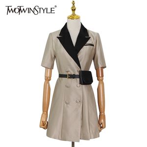 Khaki Casual Jurk Voor Vrouwen Gekleed Korte Mouw Hoge Taille Patchwork Bags Mini Jurken Vrouwelijke Zomer Mode 210520