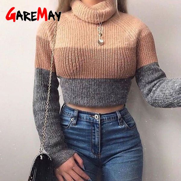 Kaki Crop Pull Turtleneck Femme Coton Tricoté Pulls rayés à manches longues Automne Hiver Femmes chaudes et pulls 210428