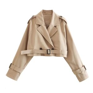 Khaki Trench Cropped Femmes Long Manches Cropped Design Jacket Chic Lady High Street Casual Woards Coats Top Femme 2023 240122