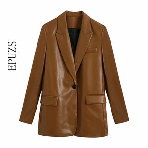 Kaki Faux cuir Blazers femmes bouton unique bureau manteau Vintage manches longues poches costume veste causal balzers 210521