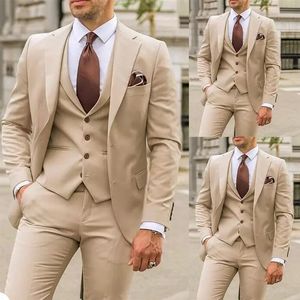 Khaki Groom Wedding Tuxedos 3 Pieces Mens Costumes British Soild Color Prom Party Blazer Mabe Veste Pantalon