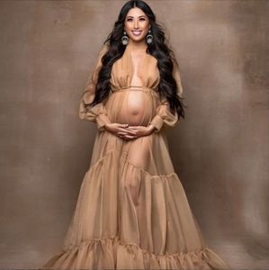 Caqui manga larga vestidos de maternidad Boho ilusión hasta el suelo vestido de graduación Maxi vestido tul sesión de fotos Boudoir Lencería