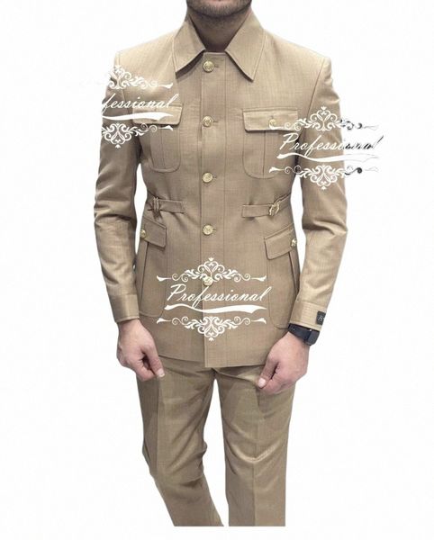 Costume de luxe pour hommes kaki, pantalon blazer, manteau portant une grande poche, veste safari sur mesure, 2 pièces, pantalon à boucle réglable 97nx #