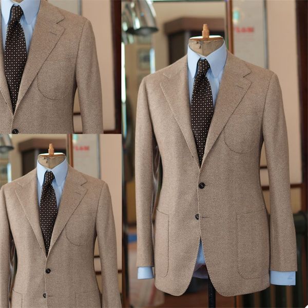 Kaki hommes Tweed costume à fines rayures chevrons homme manteau rétro pic revers Double boutonnage costume sur mesure homme Outwwear