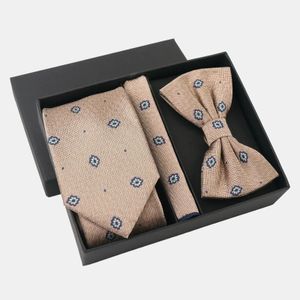 Khaki Mens Business Tie Set Vintage Suit Mariage Bow Pocket Scarf Gift Box Wholesale 240320