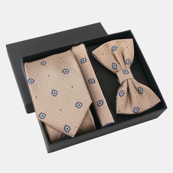 Khaki Mens Business Tie Set Vintage Suit Mariage Bow Pocket Scarf Gift Box Wholesale 240320