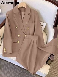 Khaki Büro Zweireiher Anzüge Set Koreanische Langarm Blazer Jacken Conjunto Ol Hohe Taille Gerade Hosen Outfit 240116
