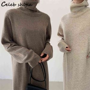 Kaki laine robe ample femme automne col haut élégant tricoté robe moulante femme Vintage Long pull hiver vêtements G1214