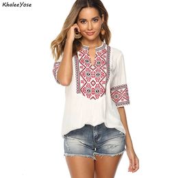 Khalee Yose Bohemian Broidered Shirt White Summ Summer Spring Mexican Shirt Womens Lace Tie 2xl 3xl et ethnique 240429