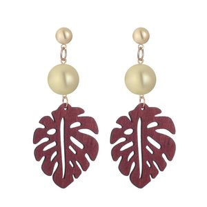 Boucles d'Oreilles Longues Clous Perles Dorées Pom Pom Ethnique Marron Creux Motif Feuille Bois Naturel