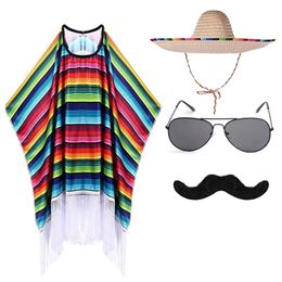 Disfraz de fiesta mexicana para niños Capa colorida Cloak Poncho Sombro Gafas de sol Juego de bigote para la Fiesta mexicana Halloween Carnival 231220