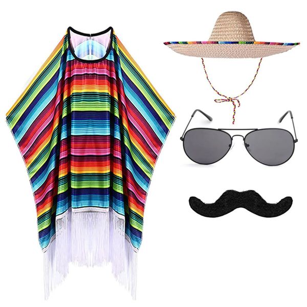 Disfraz de fiesta mexicana para niños Capa colorida Cloak Poncho Sombro Gafas de sol Juego de bigote para la Fiesta mexicana Halloween Carnival 231220