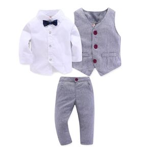 Kid boy kleren heer grijs vest + lange mouwen witte roze shirt broek vierdelige pakken pakken baby kinderen outfits 220507