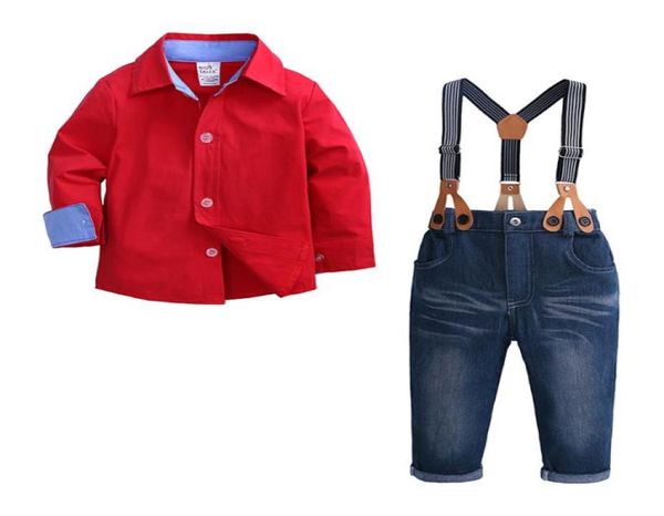 Enfant garçon vêtements ensemble 2 pièces chemise rouge Jean pantalon costume tenue âge 2T7 bavoir ensemble à manches longues enfants vêtements automne français manchette T203478606