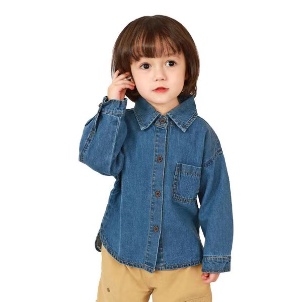 Camisas de mezclilla para niño y niño, color azul, trajes de moda para bebés de diseñador, ropa de 90-160 cm, camisa vaquera para niñas pequeñas 2024