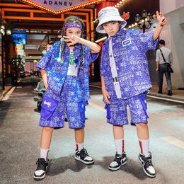 Kid Cool Kpop Hip Hop Clothing Blue Print Shirt Short Sort Summer Cargo Shorts For Girl Boy Jazz Dance Kostuumset Set