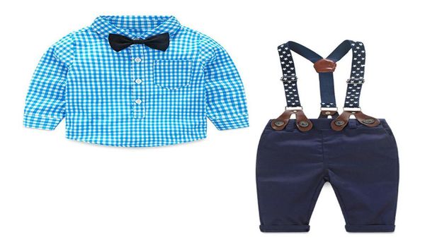 Enfant Designer Vêtements 2018 Gentleman Costume Chemise À Carreaux Noeud Papillon Suspendre Pantalon 2 pcs Costumes Automne Printemps Nouveau-Né Bébé Ensembles Infantile Clo2913747