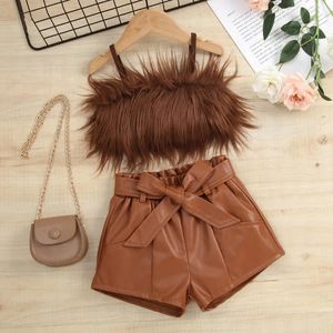 Kid Meisje Shorts Sets Outfits Mode Kleding voor Tiener Mouwloos Pluche Decor Sling Tops Elastische Taille met Riem Set 240226