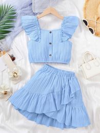 Kid Girls Summer Princess Clothing Set Flutter Sleeve Plain Color TopsShort Skirt Sweet Style Party Wear For Child 8-12 Years 240518