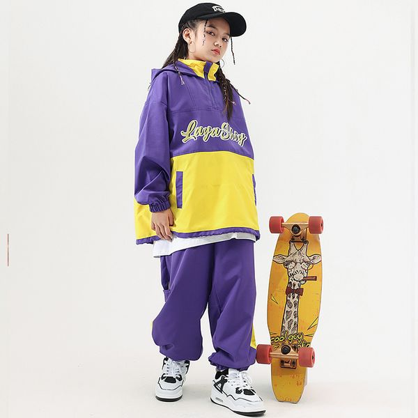 Ropa de hip hop para niños chaqueta de capucha amarilla de color púrpura top calles casuales pantalones para jogger para niña trajes de baile