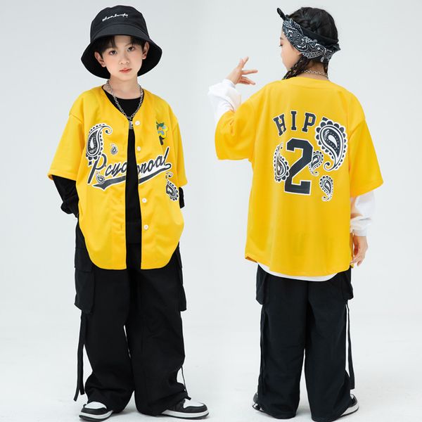 Ropa de hip hop para niños camisa de béisbol amarillo cárdigan top negro cinturón casual pantalones de carga para niñas chicas jazz baile ropa