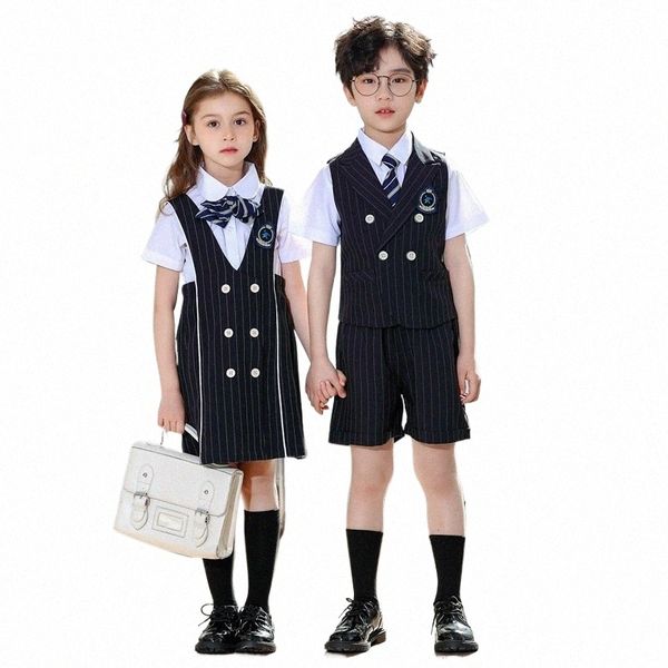 Niño coreano uniforme escolar japonés camisa blanca raya azul marino Pinafore Dr pantalones cortos chaleco para niña niño ropa conjunto estudiante traje E2PJ #