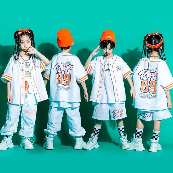 Kid Kpop Hip Hop Vêtements Baseball Cardigan Chemise Top Blanc Streetwear Cargo Jogger Pantalon Shorts pour Fille Garçon Jazz Danse Costume 240320