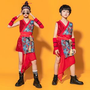 Kid Kpop Hip Hop Vêtements Red Sequin HARAJUKU Imprimer Tank Top Shorts Jupe combo pour fille garçon Jazz Dance Costume Costume Set Vêtements