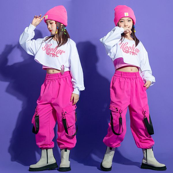 Kid Kpop Hip Hop Vêtements Sweat-shirt blanc Crop Top à manches longues Pink Streetwear Tactical Cargo Pantals For Girl Dance Costume