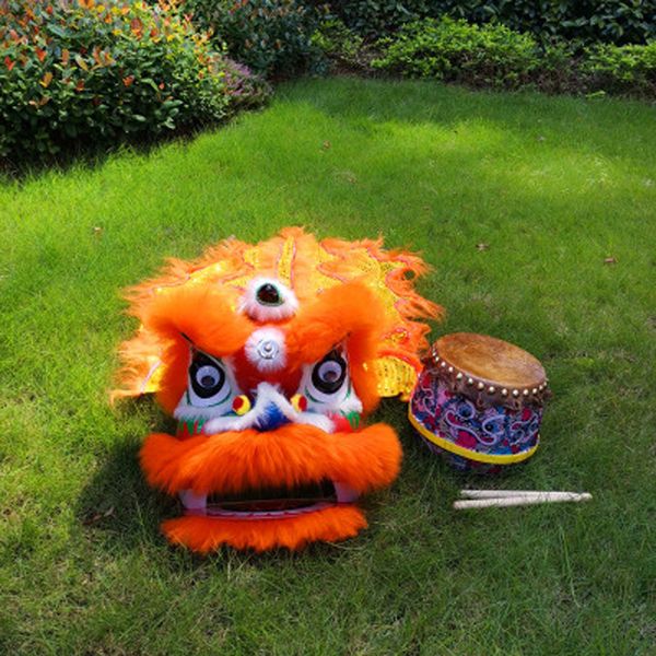 Costume de mascotte de tambour de danse de lion pour enfant 5-10 ans 14 pouces, accessoires de dessin animé en pure laine, sous-jeu, tenue de défilé, robe de sport, fête traditionnelle, carnaval