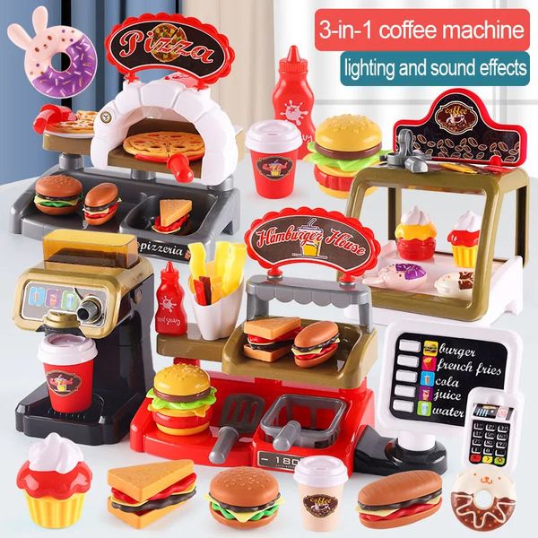 Kid Play House Kitchen Kitchen Fast Food Restaurant Burger Fries Postre Café Máquina Cajero Mini Jugo de juego de roles educativos 240423