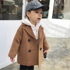 Kid's lente en herfst nieuwe jas jongen baby wollen jas lange double-breasted warme baby peuter revers tweed winterjas