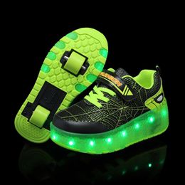 Kid Sneakers Spider Cartoon Mesh USB Lading Luminous Shoes Outdoor Sport Roller Skates Child Skate Boys Girls Casual 240506