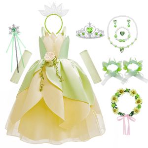 Kid tiana robe grenouille girls princesse cosplay halloween elfes costume fête nourrisson vert off épaule robe de bal Tiana 240430
