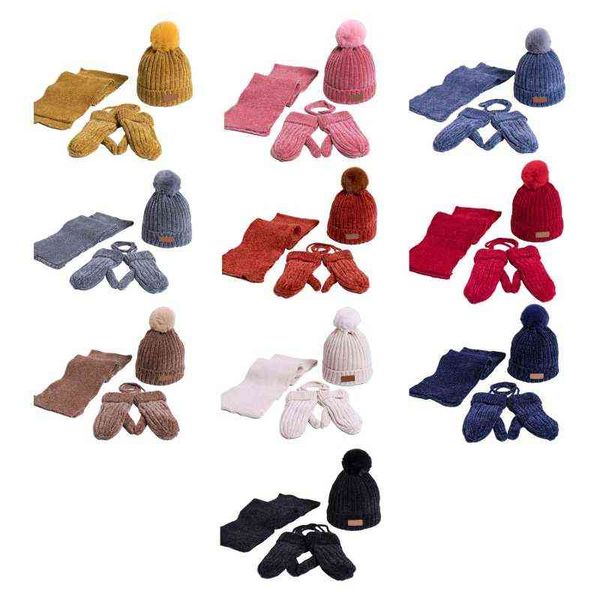 Enfants 3 pièces hiver chaud bonnet chapeau longue écharpe gants ensemble Chenille velours tricot peluche doublé couleur unie pompon crâne casquette