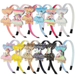 Accesorios para niños Rainbow Ribbon New Colorful Scallion Powder Glitter Bow Tie Diadema Party Unicorn Hair Band Venta directa de fábrica Múltiples colores disponibles