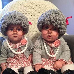 Kids & Adult Hats Cute Old Lady Woman Curly Hair Wig Cap Skullies Beanies Winter Knitted Children Baby Hats and Caps Accessories 210713