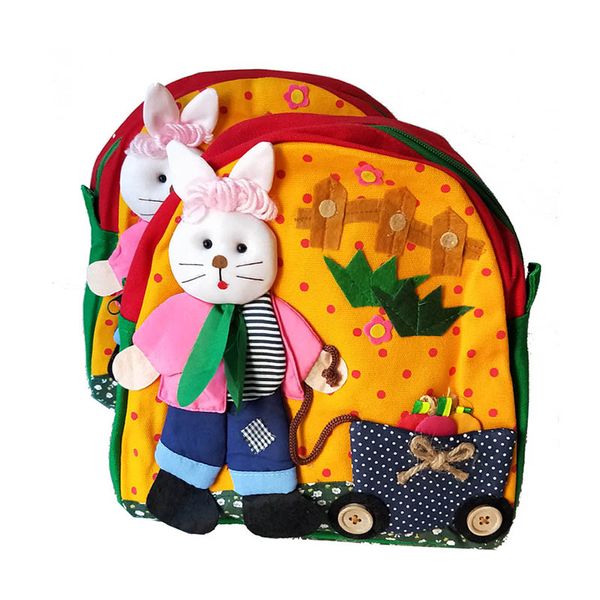 Mochila escolar de dibujos animados para niños, conejo encantador tirando de un carro, mochila para guardería, niñas y niños, bolsa de tela hecha a mano, bolsas coloridas de algodón