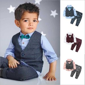 Kids Baby Clothes Boys Gentleman Past Bowtie Shirts Broek Vesten Kind Kleding Sets Mode Boutique T-shirt Pants Vest Outfits A5088