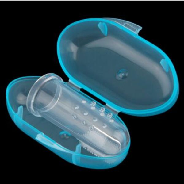 Cepillo de dientes de silicona para dedos de bebé para niños + caja de dientes para niños pequeños cepillo de dientes de silicona suave transparente cepillo de dientes de goma