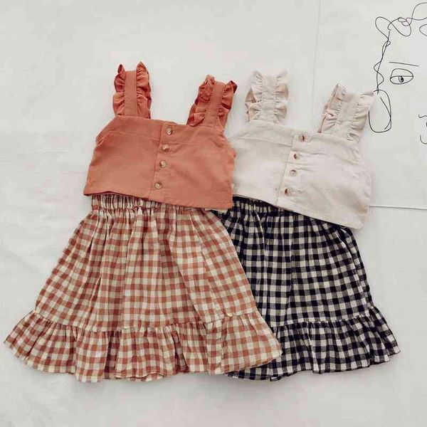 Enfants bébé fille vêtements ensemble hauts solide chemise sans manches Crop Plaid A-ligne jupe nouvel été tenue décontractée ensembles filles 2-6Y G220310