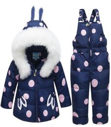 Enfants bébé fille lapin oreille fourrure à capuche manteau Ski neige costume veste bavoir pantalon salopette pointillé vers le bas vêtements LJ2011269707610