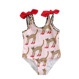 Enfants bébé filles été une pièce maillots de bain dessin animé léopard Animal imprimé sans manches Bandage Triangle barboteuse vêtements de plage